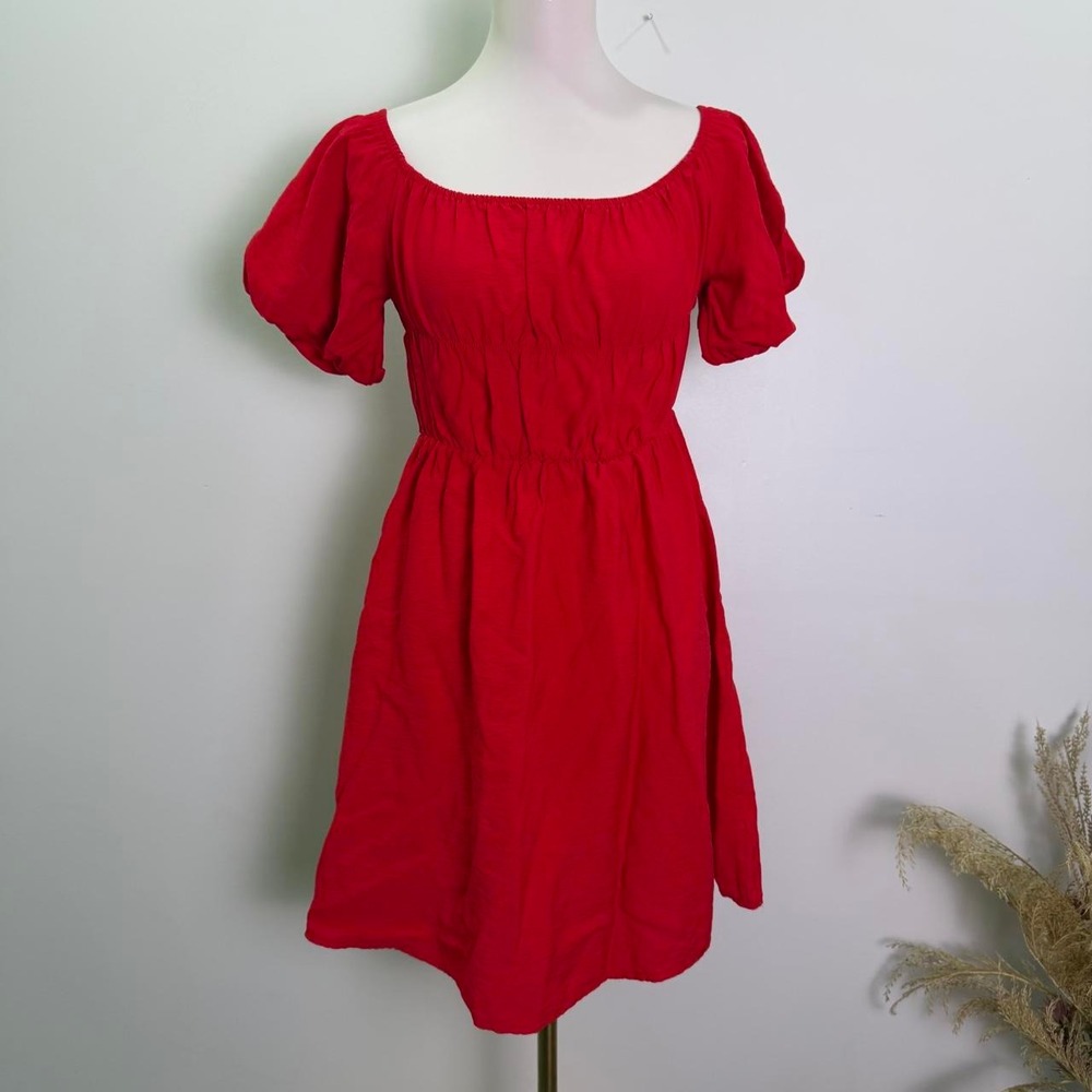 Red Short Puff Sleeve Ruched Waist Mini Dress Size Large